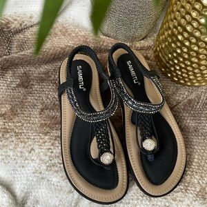 Black beaded slingback thong sandals